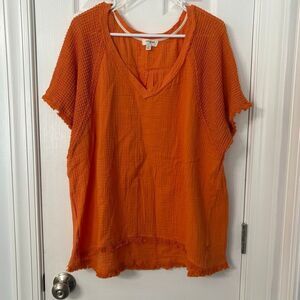 Umgee Orange Boho Fringe Hem V-Neck Top Women’s Size M Short Sleeve Textured
